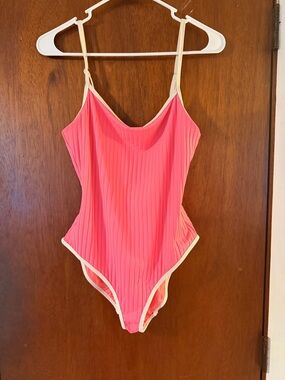 aerie Pink Ribbed One-Piece Swimsuit with Cream Trim